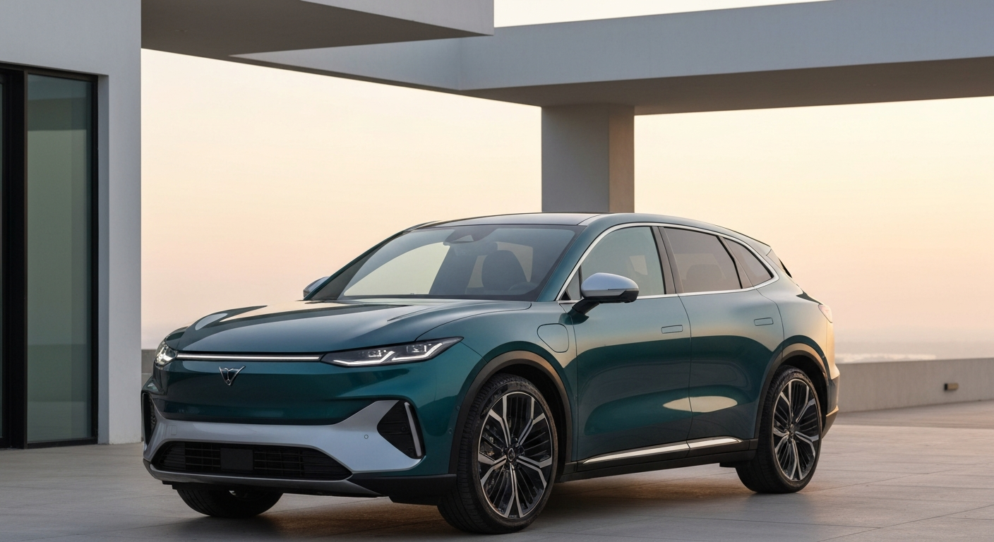 SUV électrique premium 2026 stationné, vue trois quarts avant, ambiance haut de gamme
