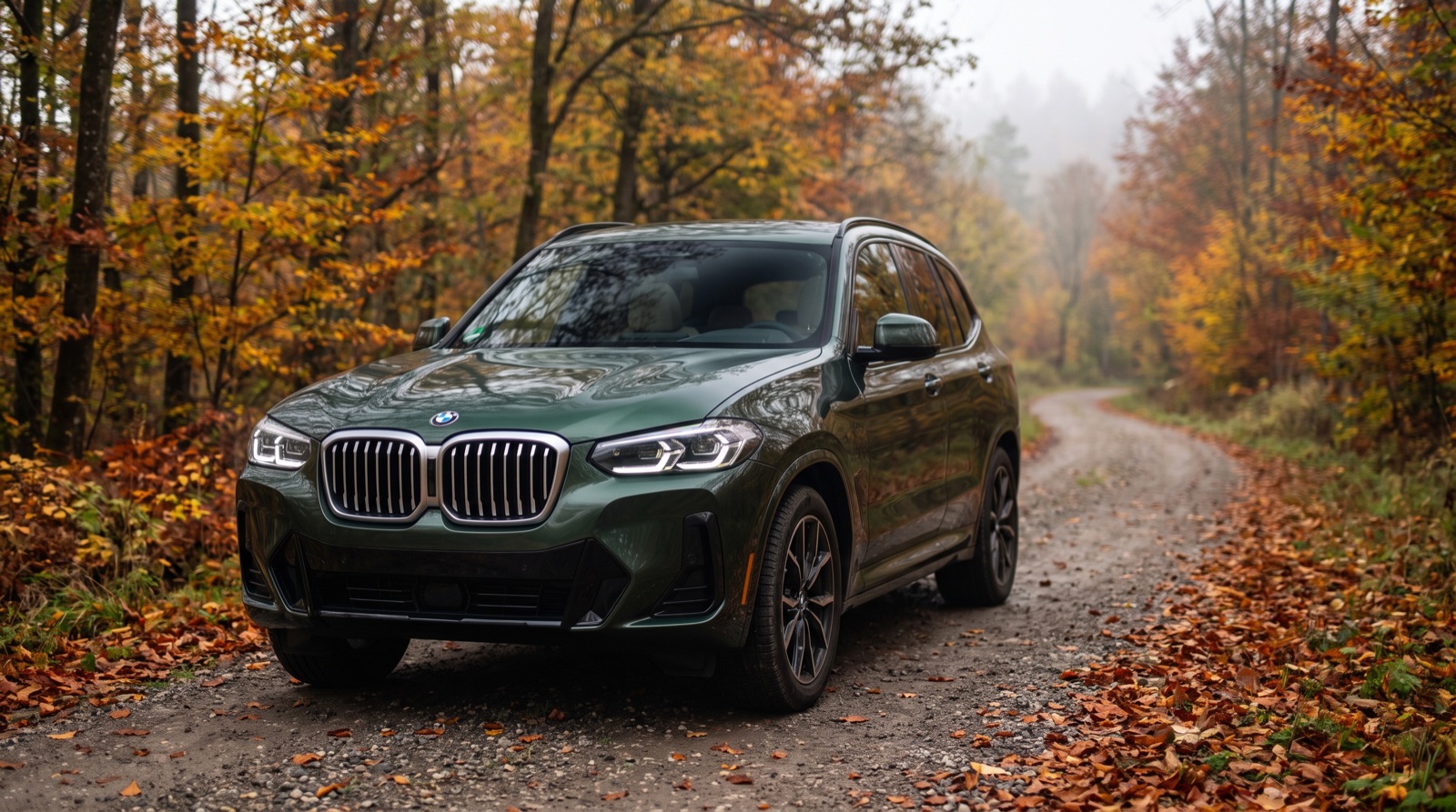 BMW X3 sur une route forestière en automne