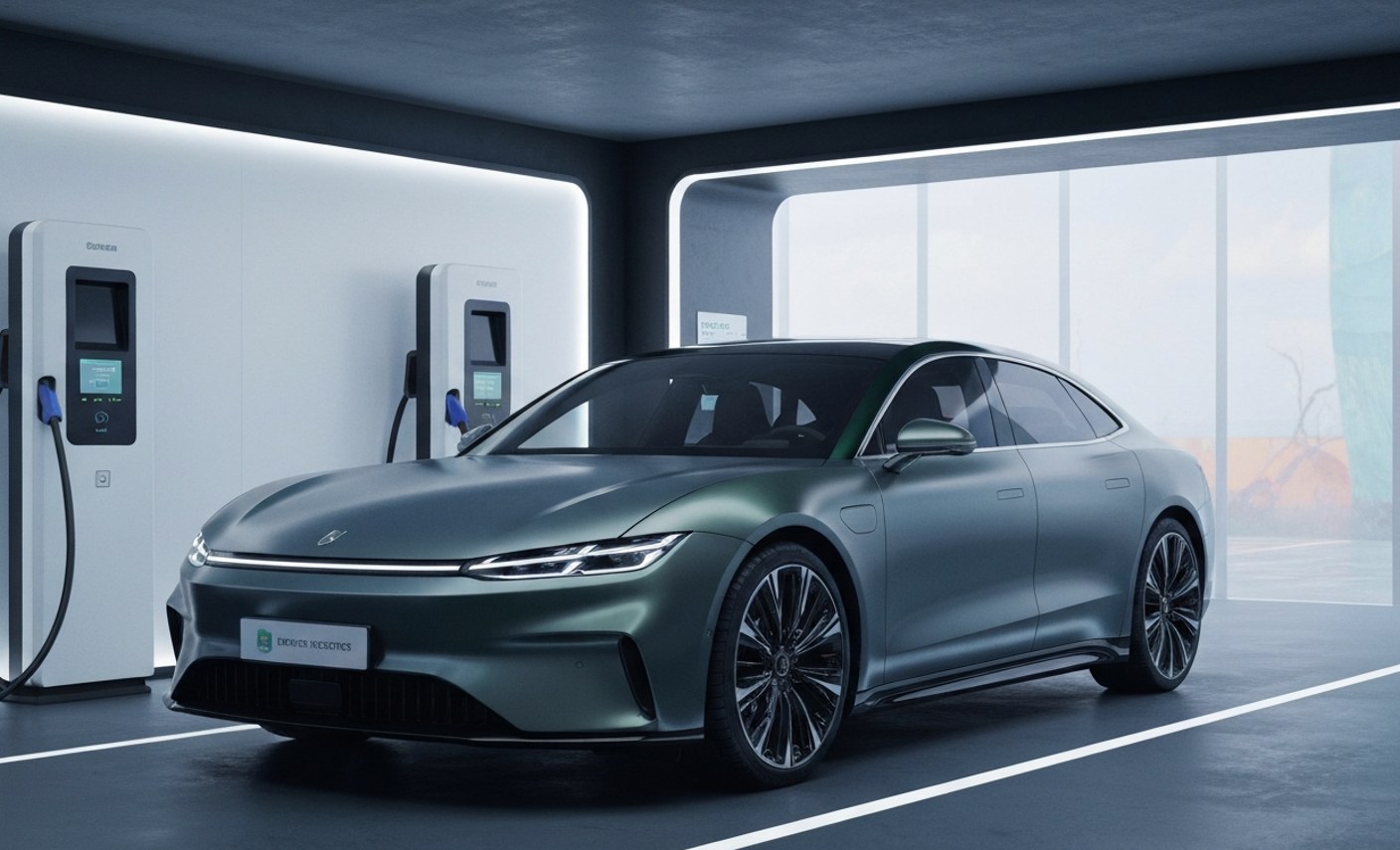 Berline électrique premium en recharge sur une borne rapide