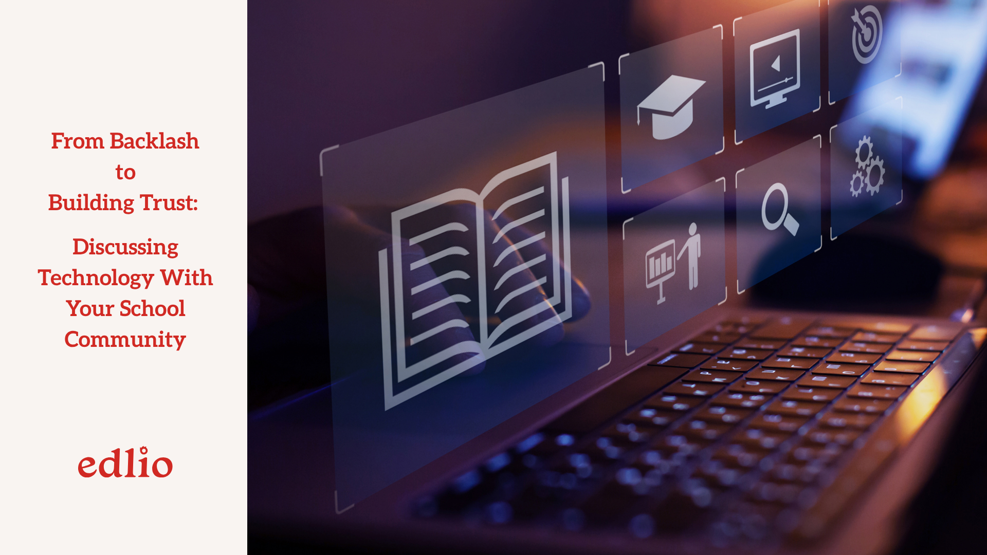 Laptop with icons for education (books, target, data, graduation hat)