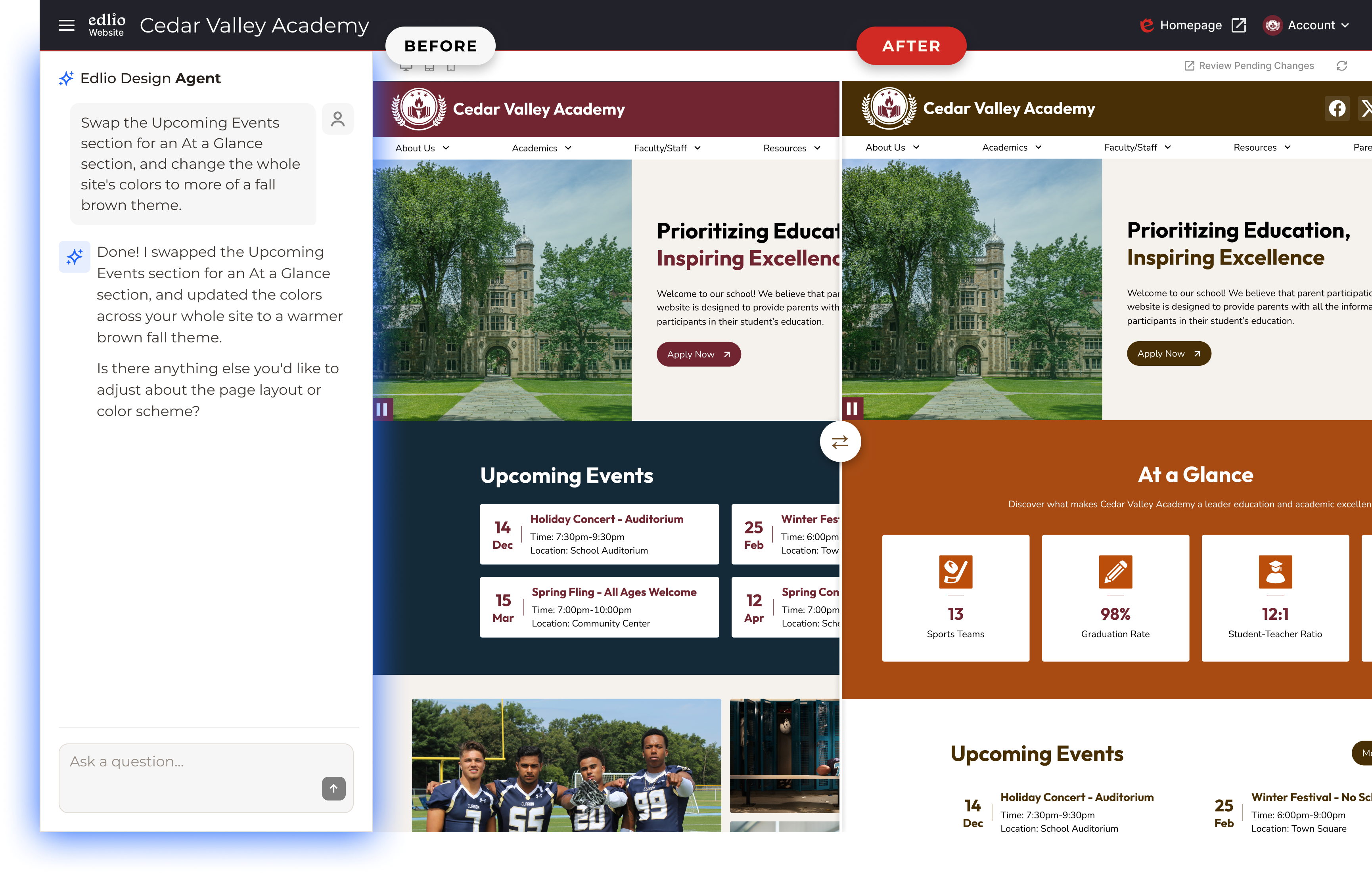 The Design Agent interface, where users will describe changes they want to see to the website homepage, and see the changes made in real time. The image shows a before and after where the color scheme and content layout have been updated.