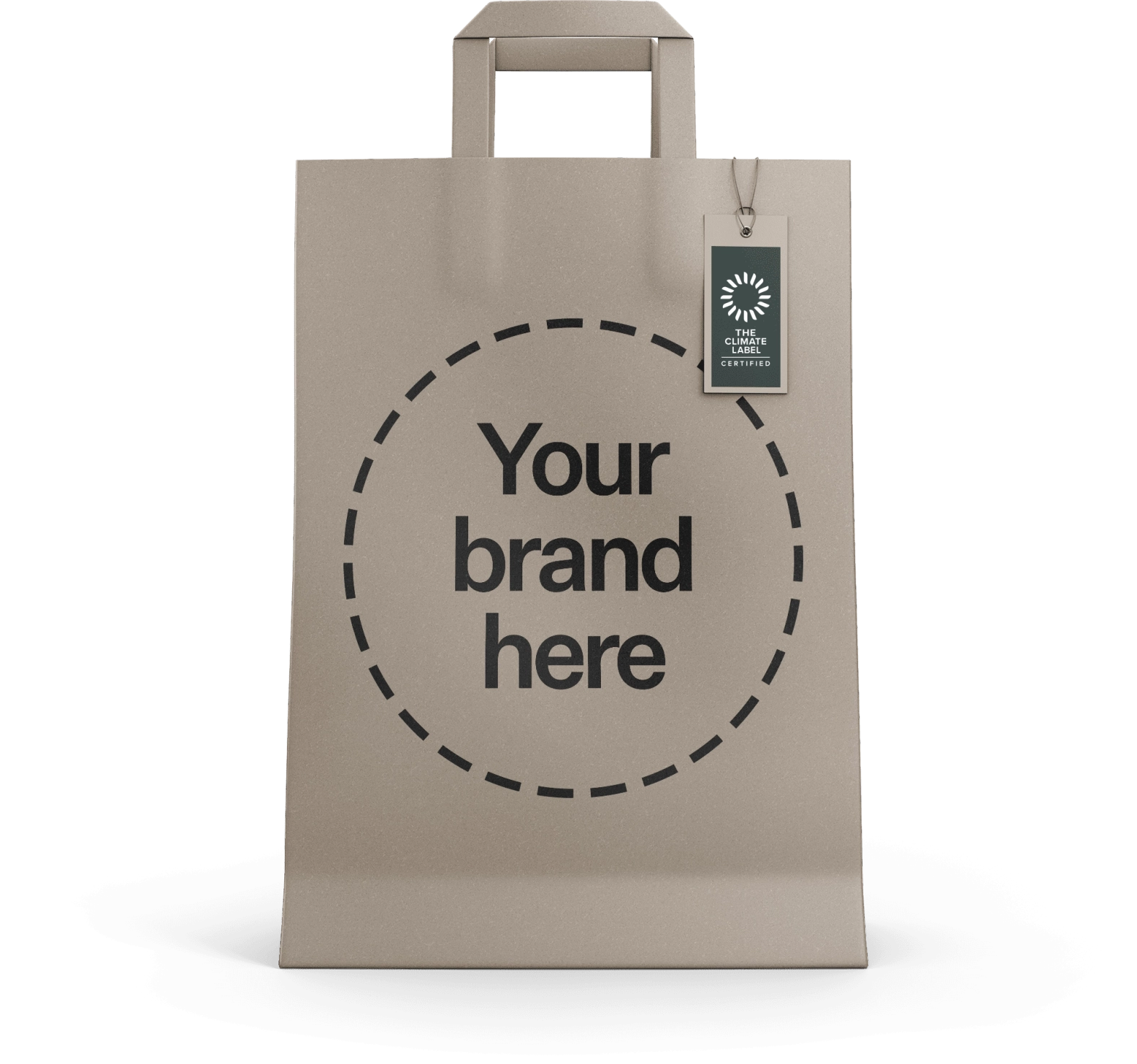 Mockup of a paper bag with the climate neutral certified label and a message reading "Your brand here".