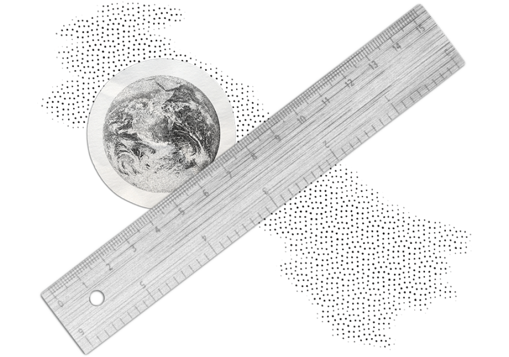 Image collage of the earth with a wooden ruler
