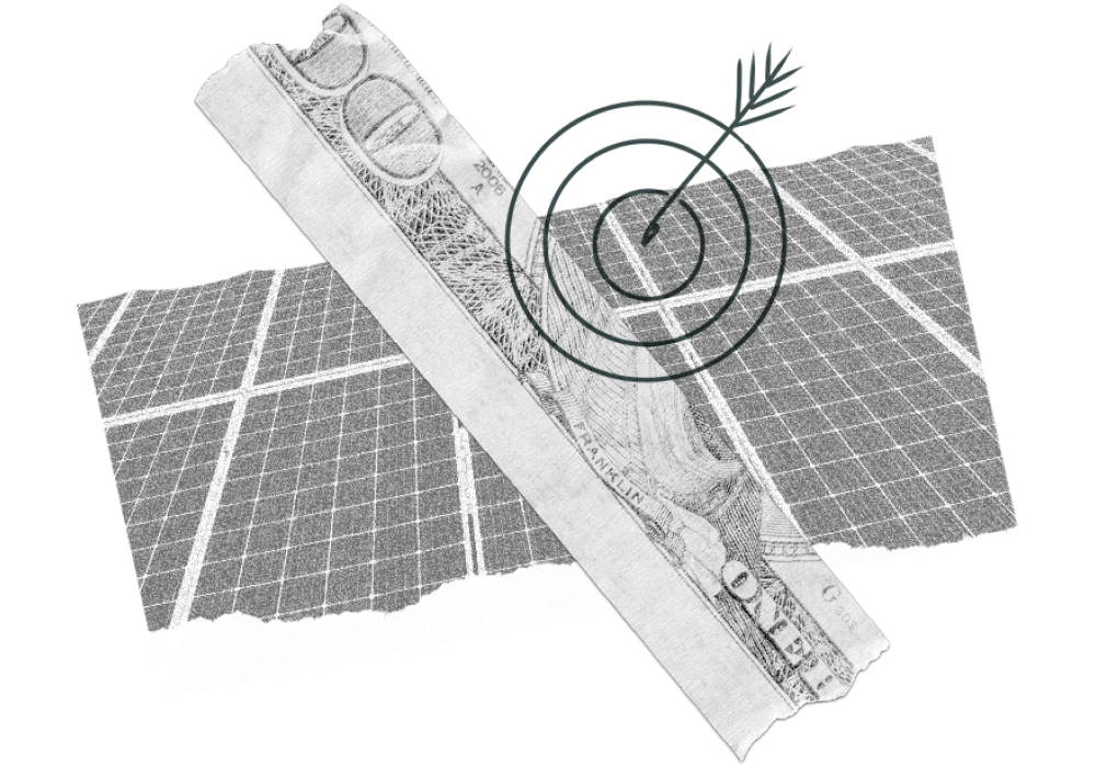 A collage image of solar panel grid, a torn $100 dollar bill, and an illustration of a target and arrow.