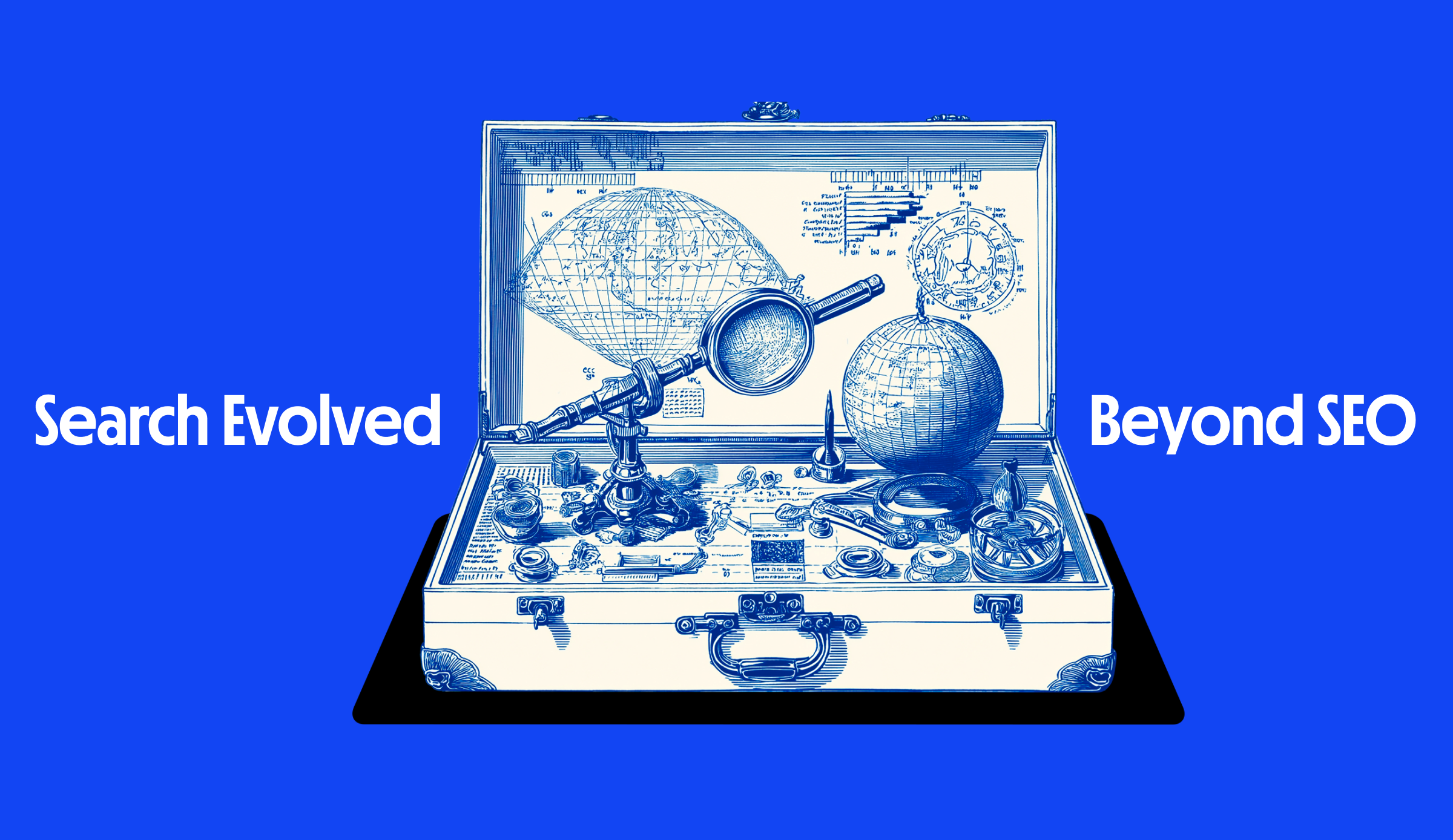 Vintage-style illustration of a scientific instrument kit with globes, magnifying glasses, and navigational tools inside an open case, with the text 'Search Evolved Beyond SEO' on a blue background.