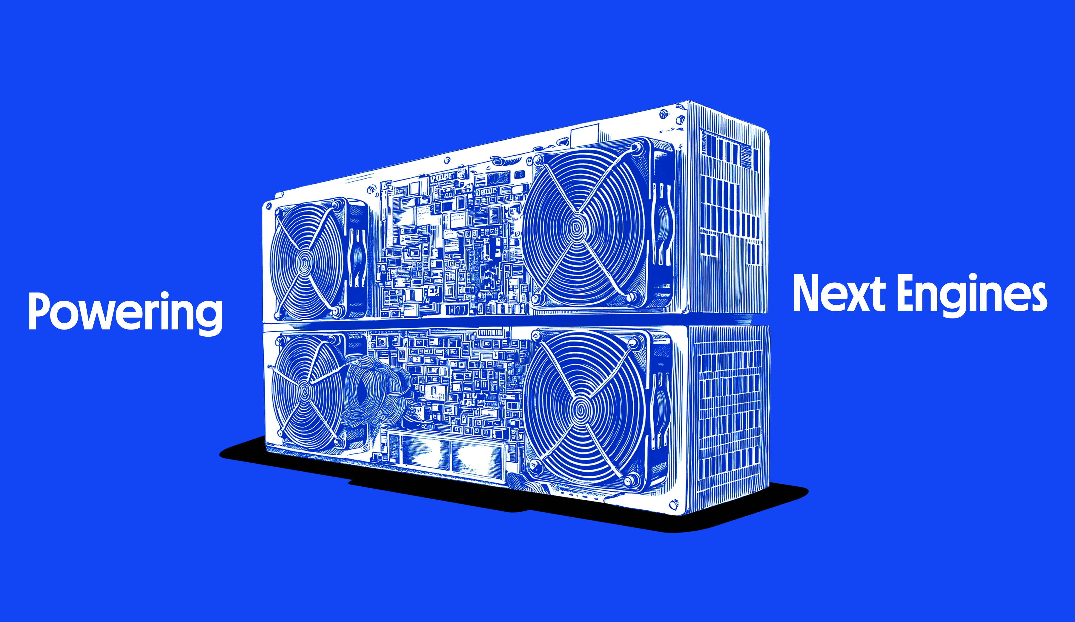 Illustration of stacked computer mining rigs with large cooling fans on a blue background, accompanied by the text 'Powering Next Engines'.