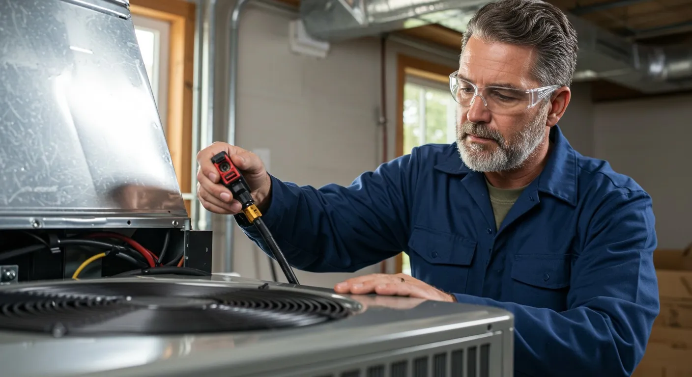 Man checking outdoor HVAC unit.