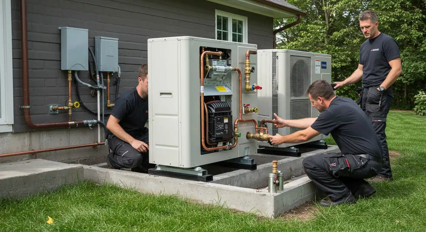 Three technicians installing outdoor heat pumps.