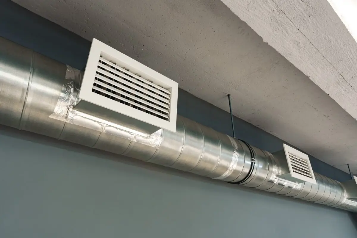 Silver air ducts on ceiling.