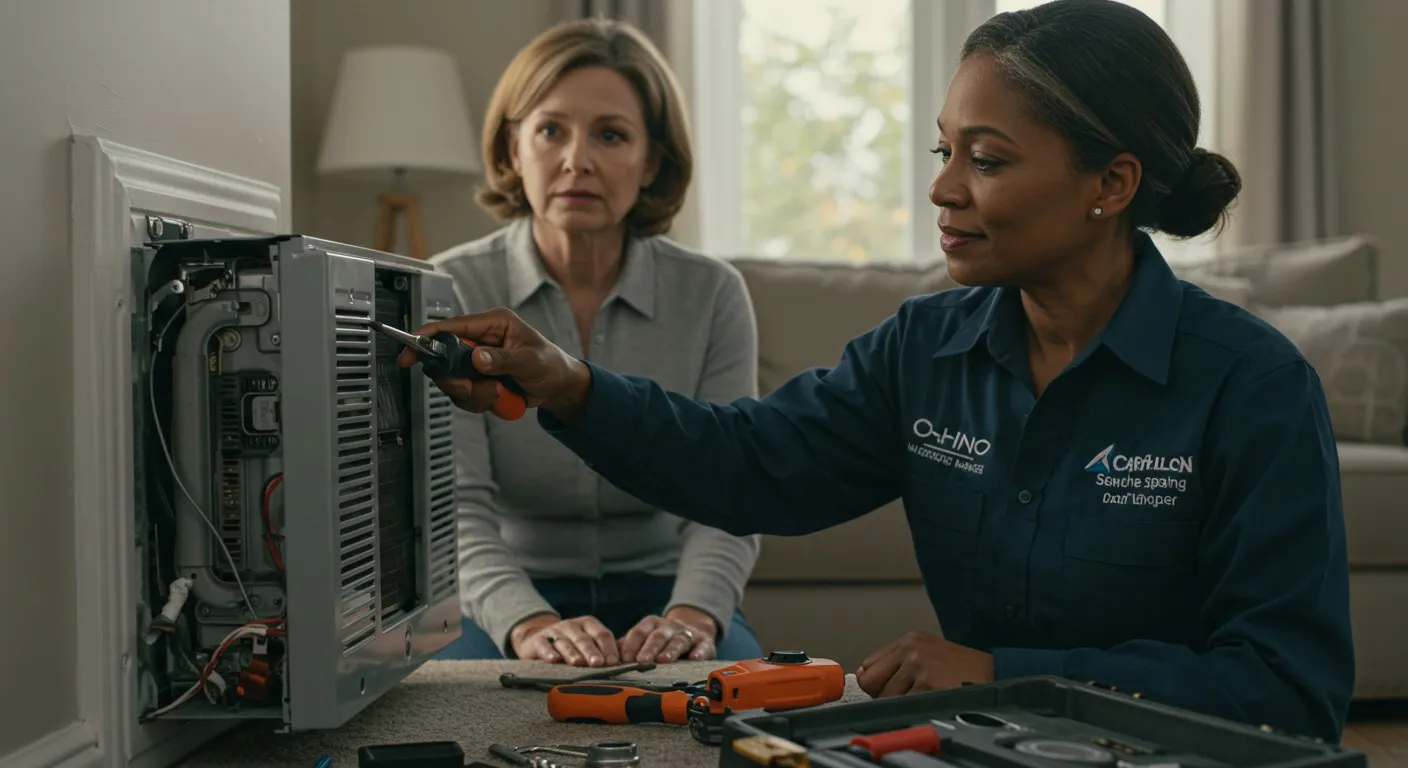 Woman repairing heater while customer watches.