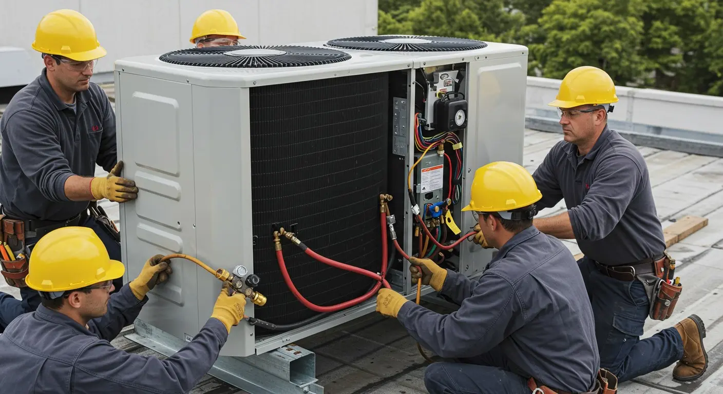 Four technicians installing a large HVAC unit.