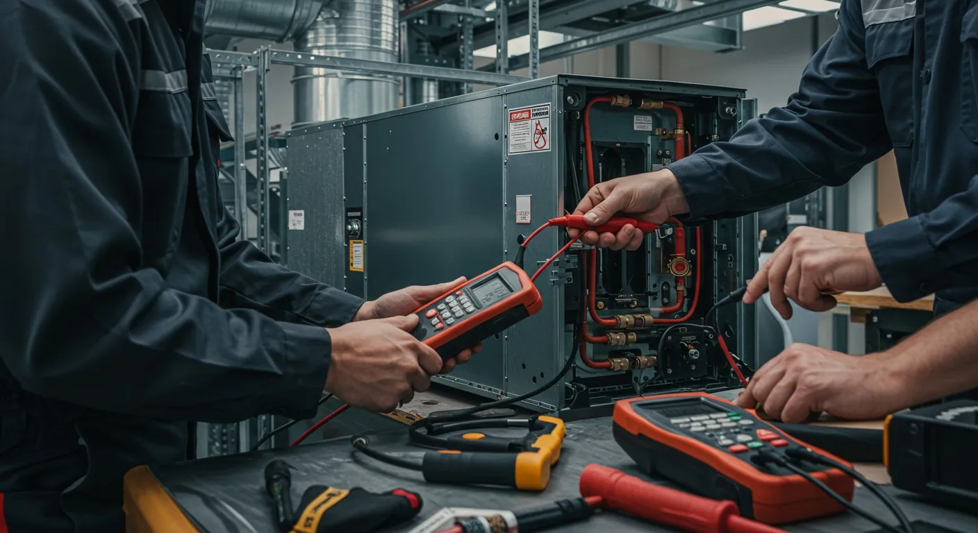 Two technicians testing HVAC unit.