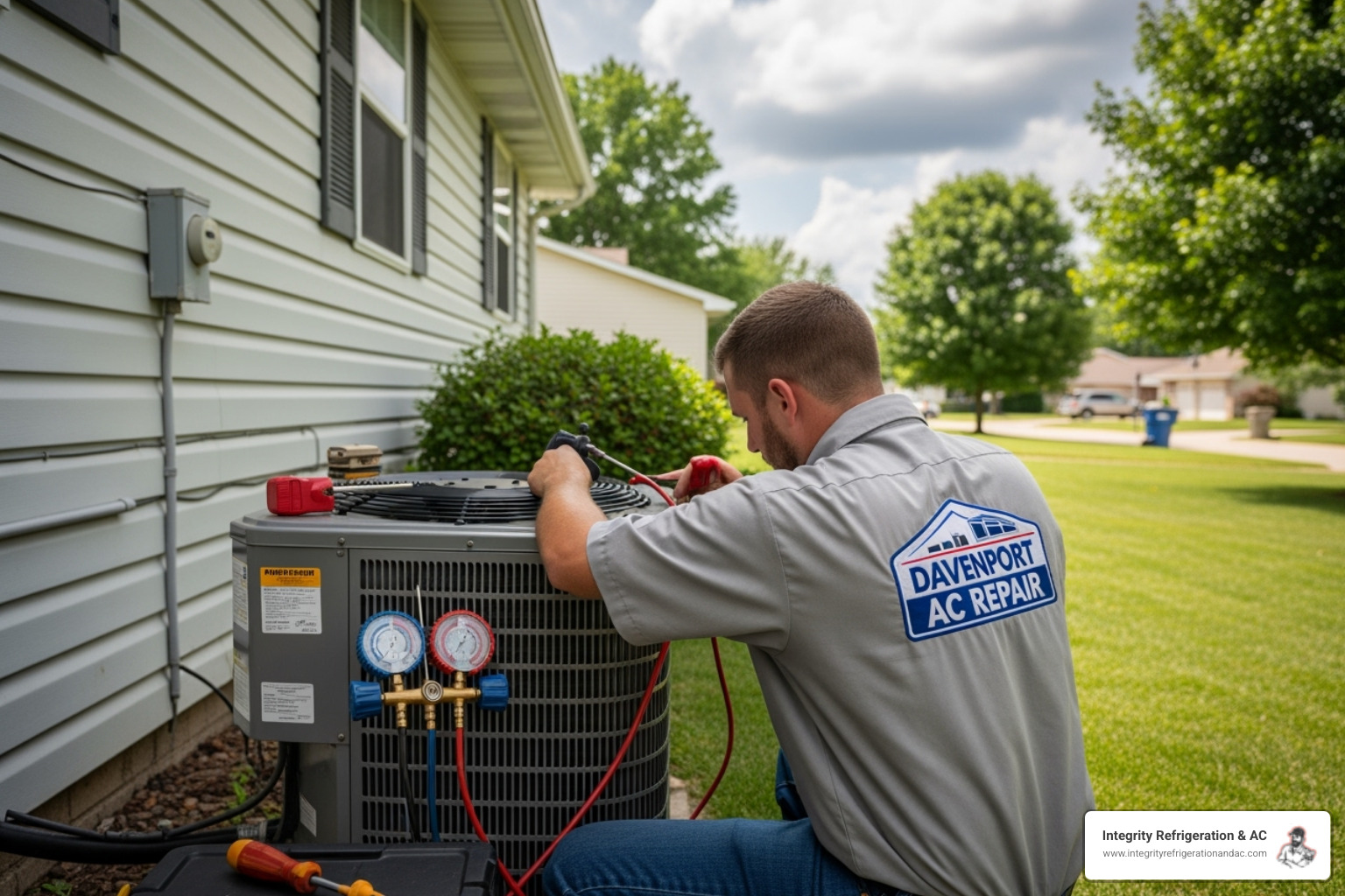 Professional, uniformed HVAC technician smiling next to a service van - ac repair davenport Professional, uniformed HVAC technician smiling next to a service van - ac repair davenport