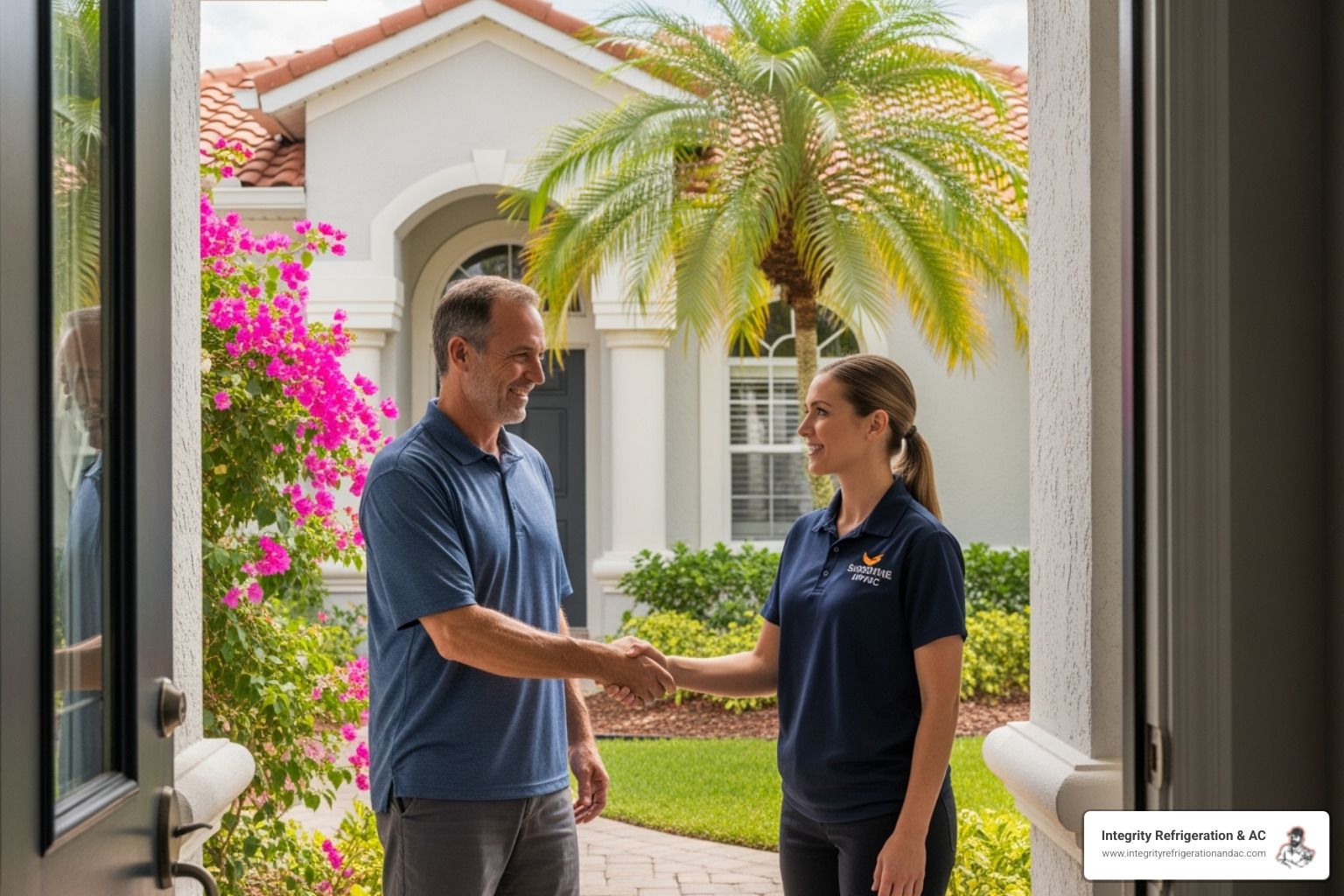 Homeowner shaking hands with a friendly technician at their front door - ac repair davenport Homeowner shaking hands with a friendly technician at their front door - ac repair davenport