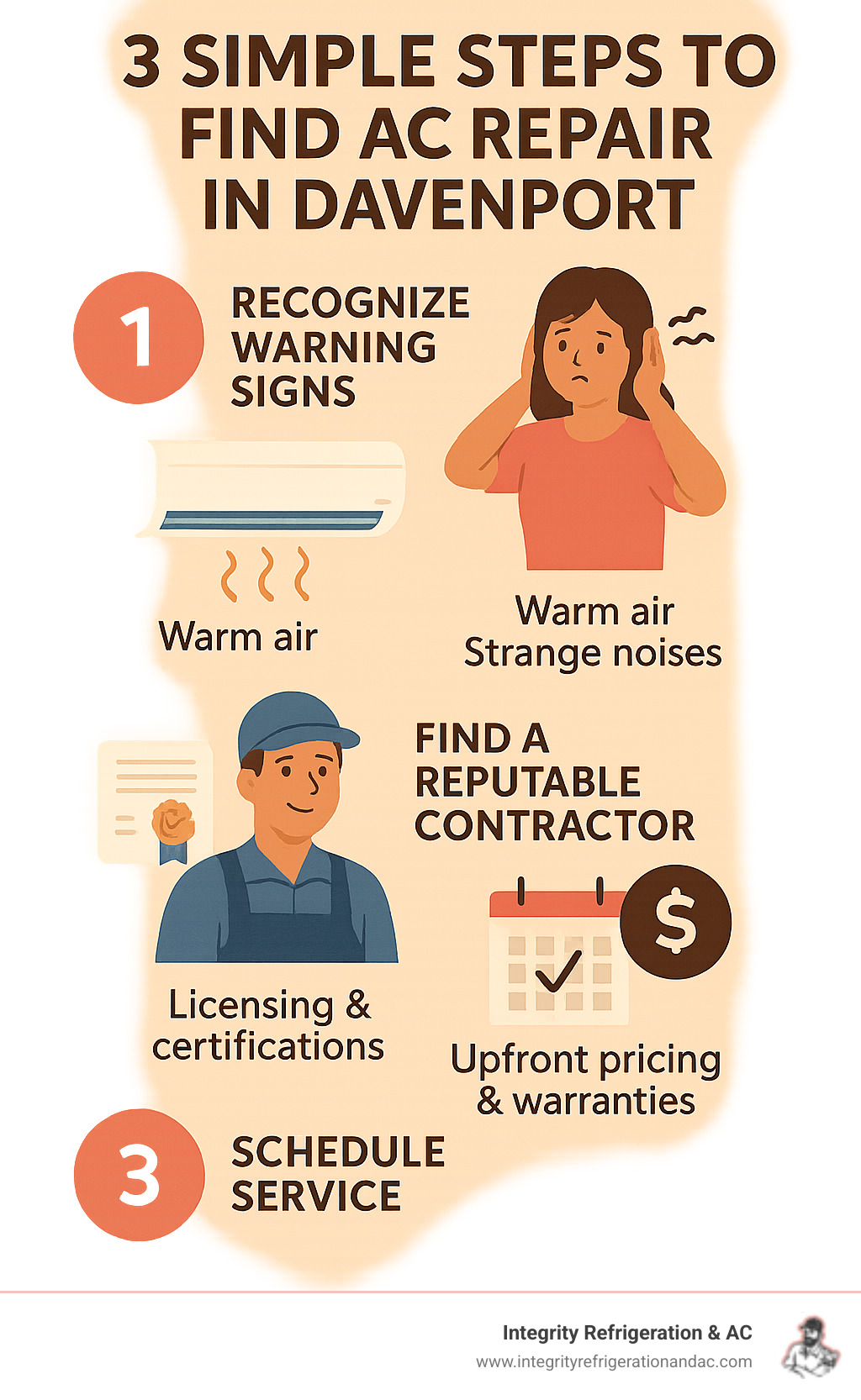 Infographic showing the 3-step process for finding AC repair in Davenport: Step 1 shows warning signs like warm air and strange noises, Step 2 displays qualities of reputable contractors including licensing and certifications, and Step 3 outlines scheduling considerations like upfront pricing and warranties - ac repair davenport infographic Infographic showing the 3-step process for finding AC repair in Davenport: Step 1 shows warning signs like warm air and strange noises, Step 2 displays qualities of reputable contractors including licensing and certifications, and Step 3 outlines scheduling considerations like upfront pricing and warranties - ac repair davenport infographic