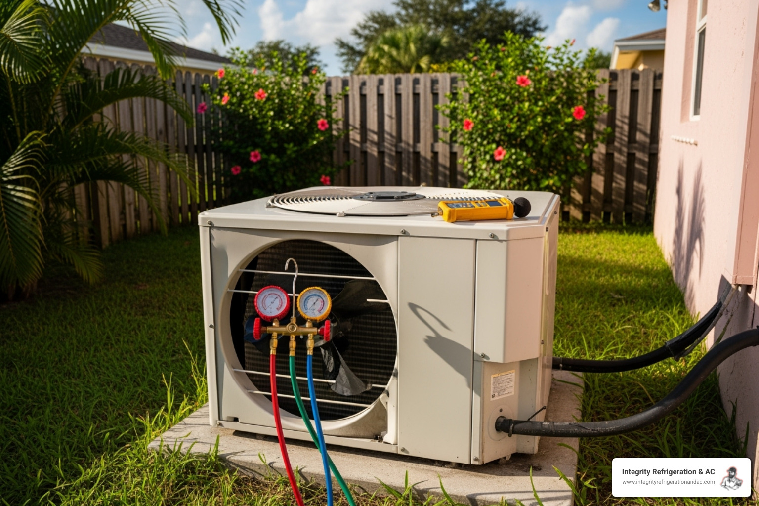 HVAC technician listening to outdoor AC unit - ac repair lakeland fl