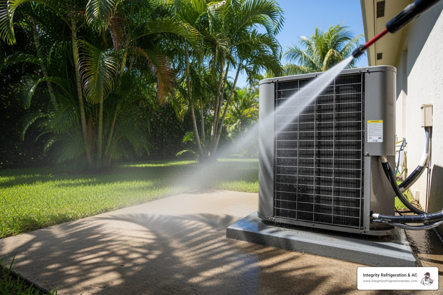 Technician cleaning an outdoor condenser unit - AC repair Davenport