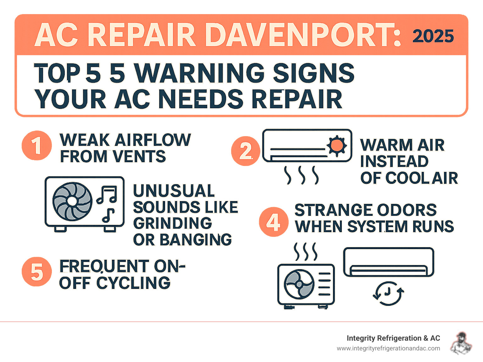 Infographic showing the top 5 warning signs your AC needs repair in Davenport FL: weak airflow from vents, warm air instead of cool air, unusual sounds like grinding or banging, strange odors when system runs, and frequent on-off cycling - AC repair Davenport infographic 