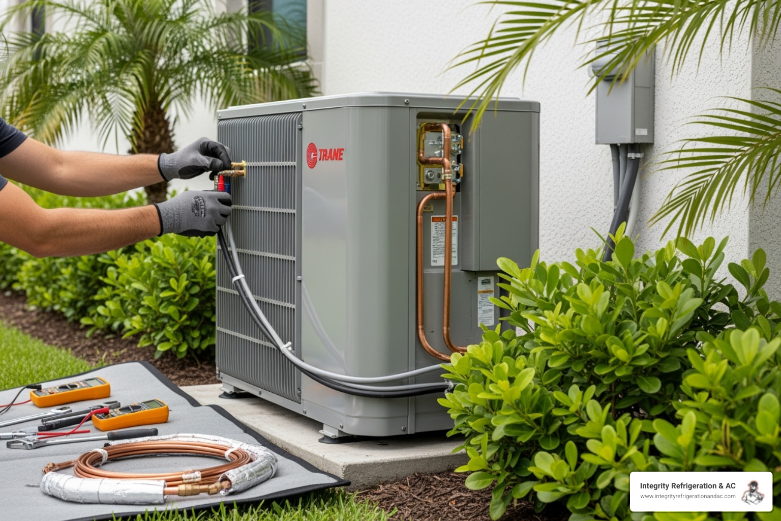 technician installing a new heat pump - Heat Pump Replacement technician installing a new heat pump - Heat Pump Replacement