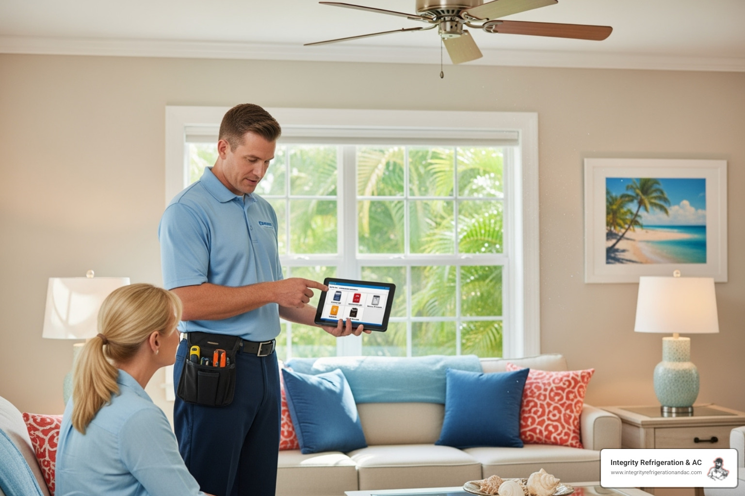 homeowner discussing options with an HVAC technician - Heat Pump Replacement homeowner discussing options with an HVAC technician - Heat Pump Replacement