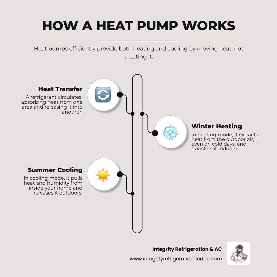 infographic showing a heat pump system with arrows indicating how it extracts heat from outdoor air in winter and removes heat from indoor air in summer, with labels for key components like outdoor unit, indoor air handler, refrigerant lines, and thermostat - Heat Pump Replacement infographic infographic-line-3-steps-neat_beige infographic showing a heat pump system with arrows indicating how it extracts heat from outdoor air in winter and removes heat from indoor air in summer, with labels for key components like outdoor unit, indoor air handler, refrigerant lines, and thermostat - Heat Pump Replacement infographic infographic-line-3-steps-neat_beige
