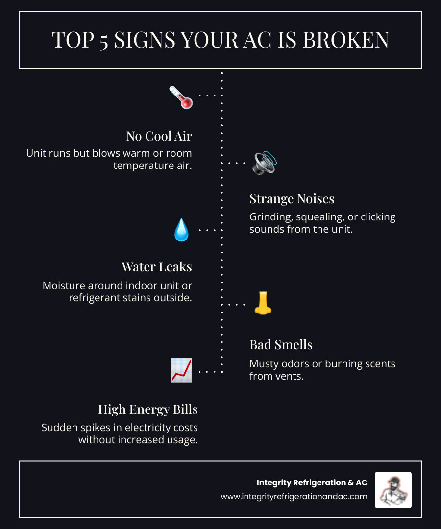 Infographic showing the top 5 signs of a broken AC unit: no cool air coming from vents, strange grinding or squealing noises from outdoor unit, water leaking around indoor unit, musty or burning smells from air vents, and unusually high energy bills - broken AC unit infographic infographic-line-5-steps-dark