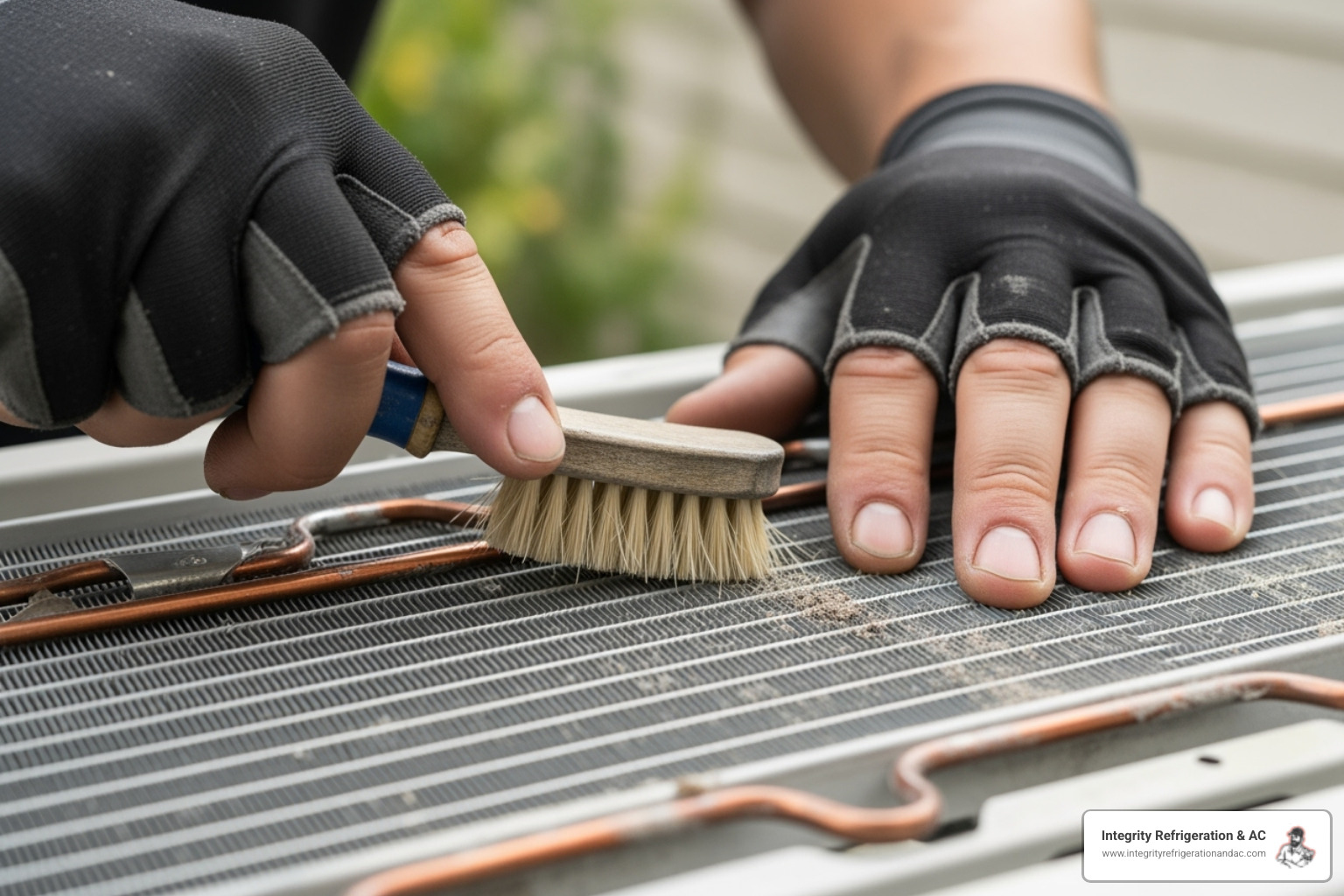 A close-up image of a technician's hands carefully cleaning the condenser coils of an outdoor AC unit during a maintenance check. - hvac service lakeland