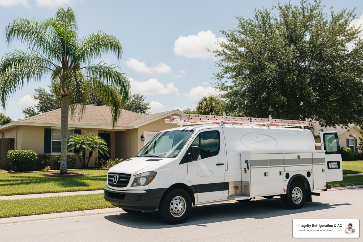 A professional HVAC technician in a uniform standing confidently beside a clean, branded service van, ready for work. - hvac service lakeland