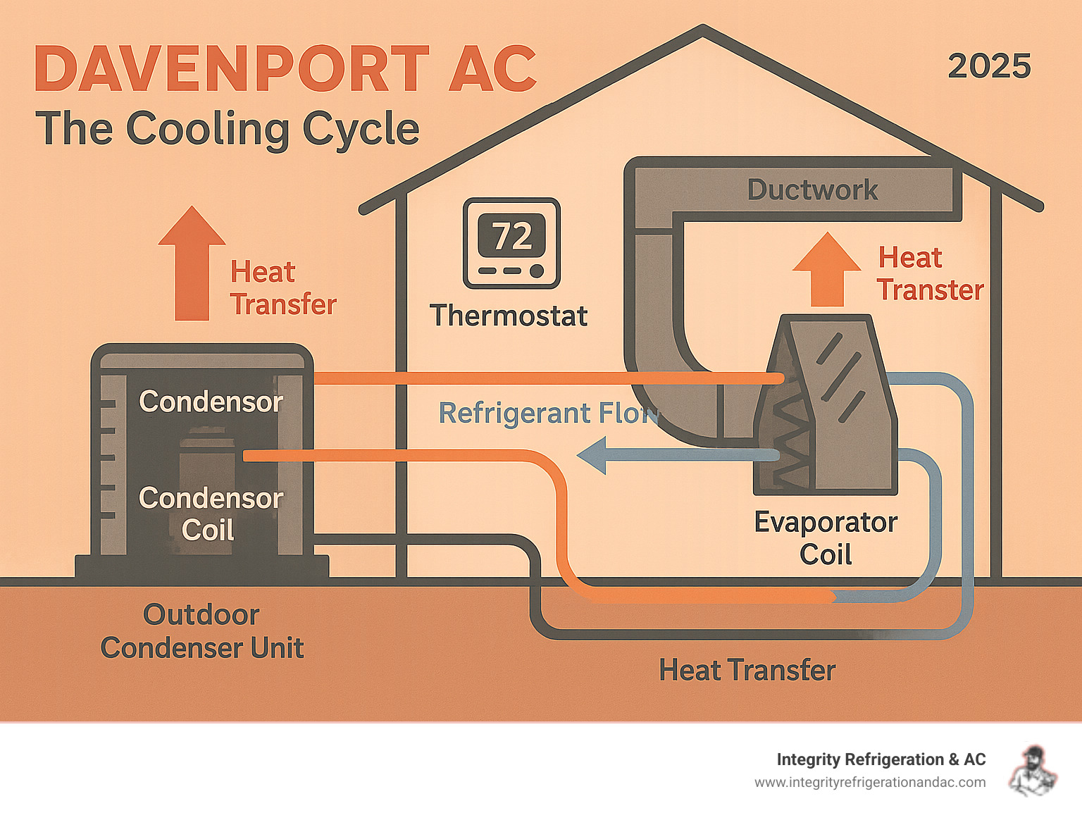Detailed infographic showing the complete air conditioning cooling cycle, including outdoor condenser unit with compressor and condenser coil, indoor evaporator coil, refrigerant flow paths, ductwork system, thermostat control, and arrows indicating heat transfer from inside to outside the home - Davenport AC infographic 