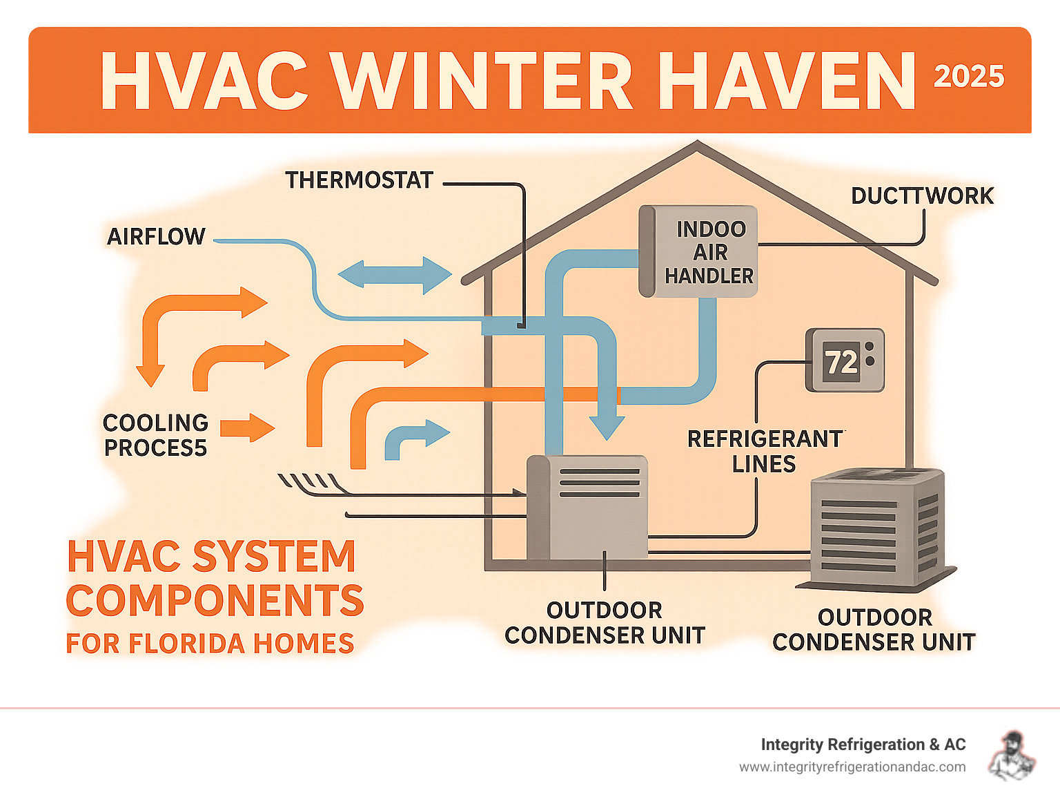 Comprehensive infographic showing HVAC system components including outdoor condenser unit, indoor air handler, ductwork, thermostat, and refrigerant lines, with arrows indicating airflow and cooling process for Florida homes - HVAC Winter Haven infographic 