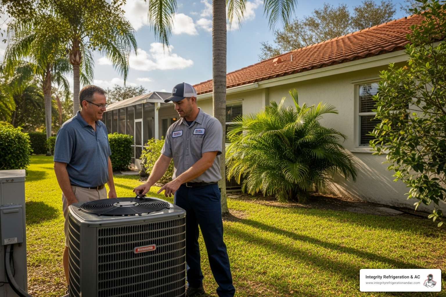 A homeowner discussing HVAC repair or replacement options with a friendly technician, pointing at an older outdoor AC unit - HVAC Winter Haven