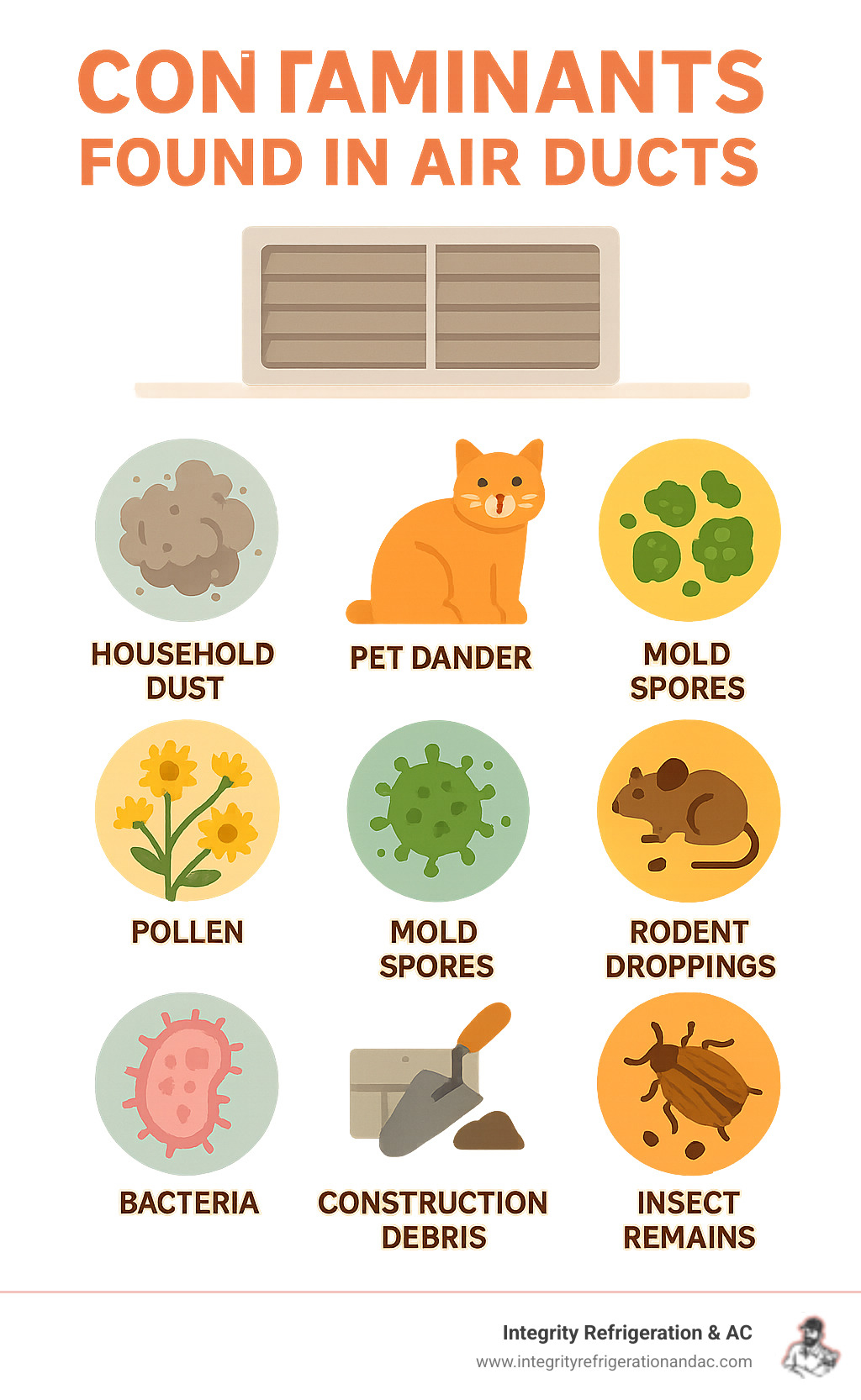 Infographic showing common contaminants found in air ducts including household dust, pet dander, pollen, mold spores, bacteria, construction debris, rodent droppings, and insect remains, with visual representations of each contaminant type and their potential sources - HVAC duct cleaning infographic 