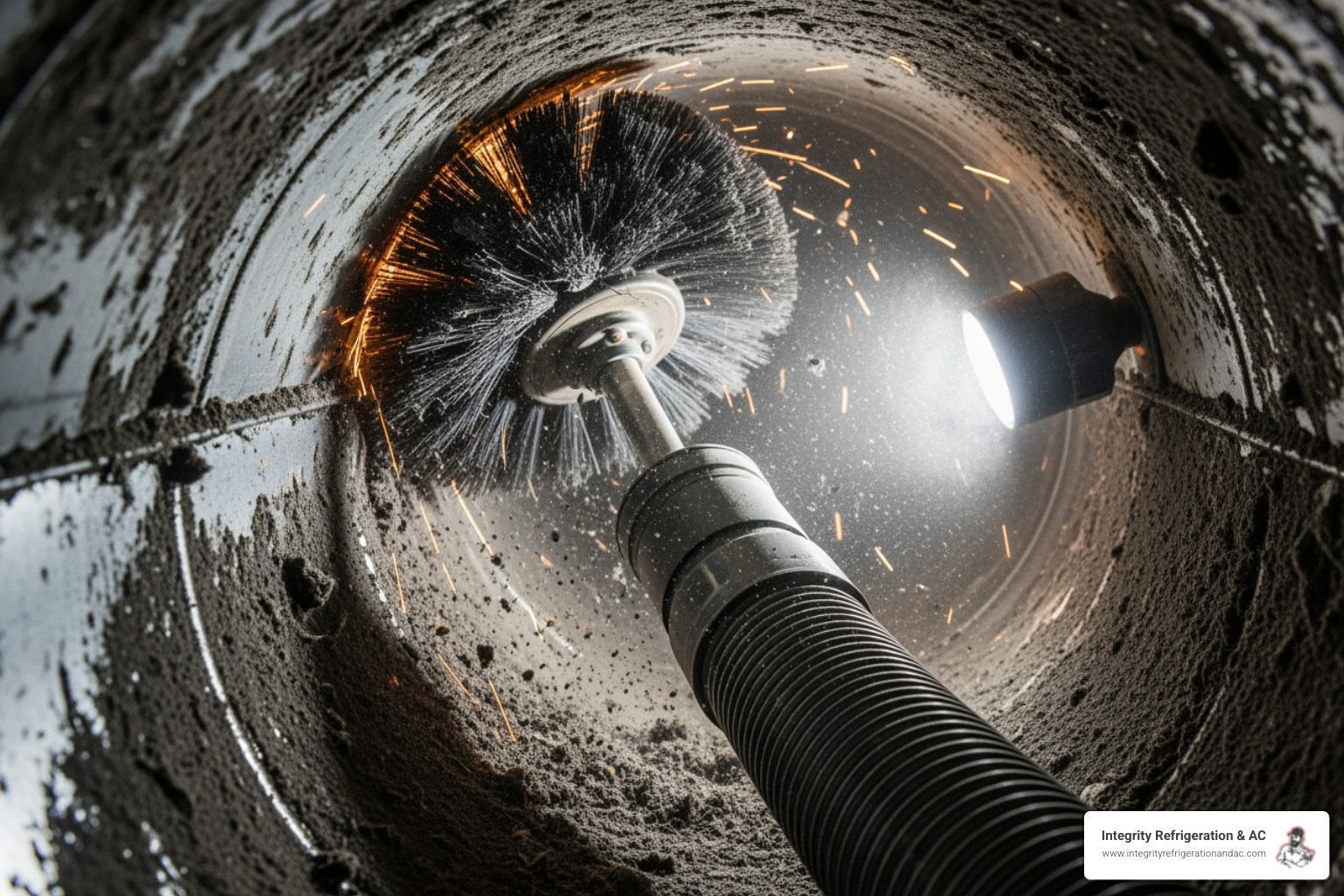 Technician using a rotary brush and vacuum hose in a duct - HVAC duct cleaning