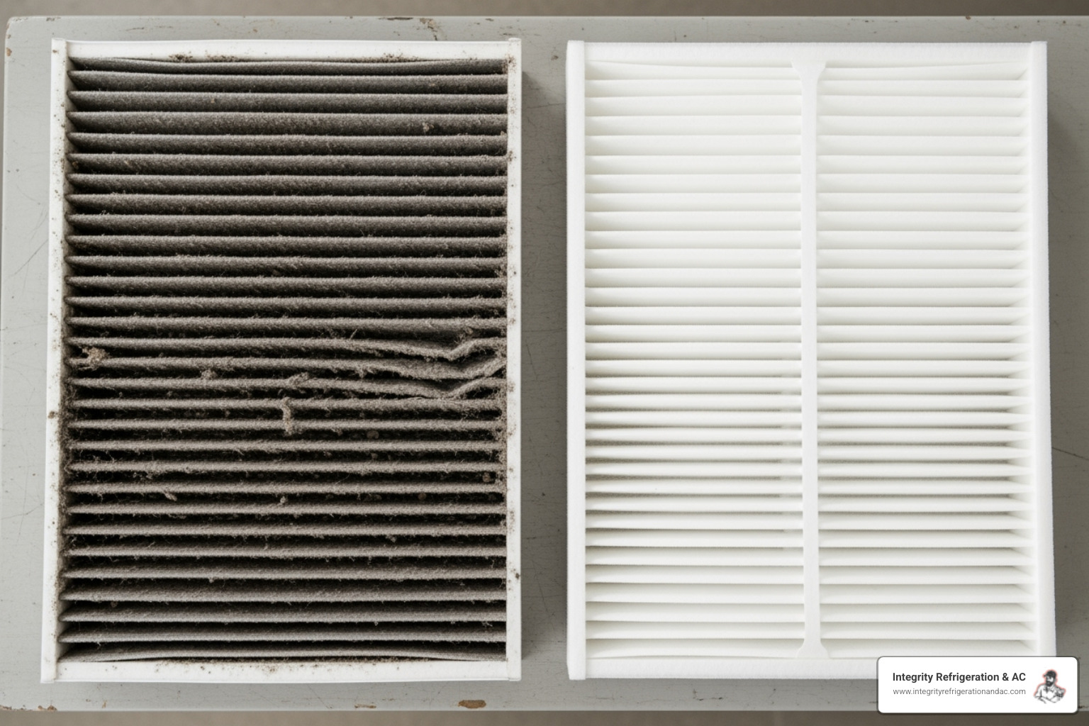 clogged HVAC filter next to a clean one - Post construction duct cleaning