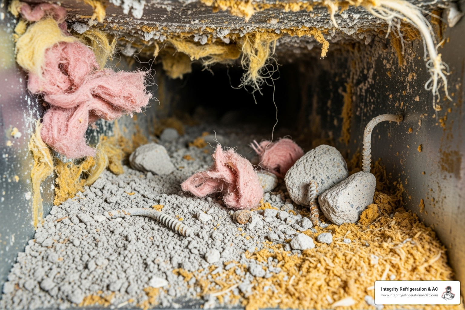 dirty air duct interior filled with construction debris - Post construction duct cleaning