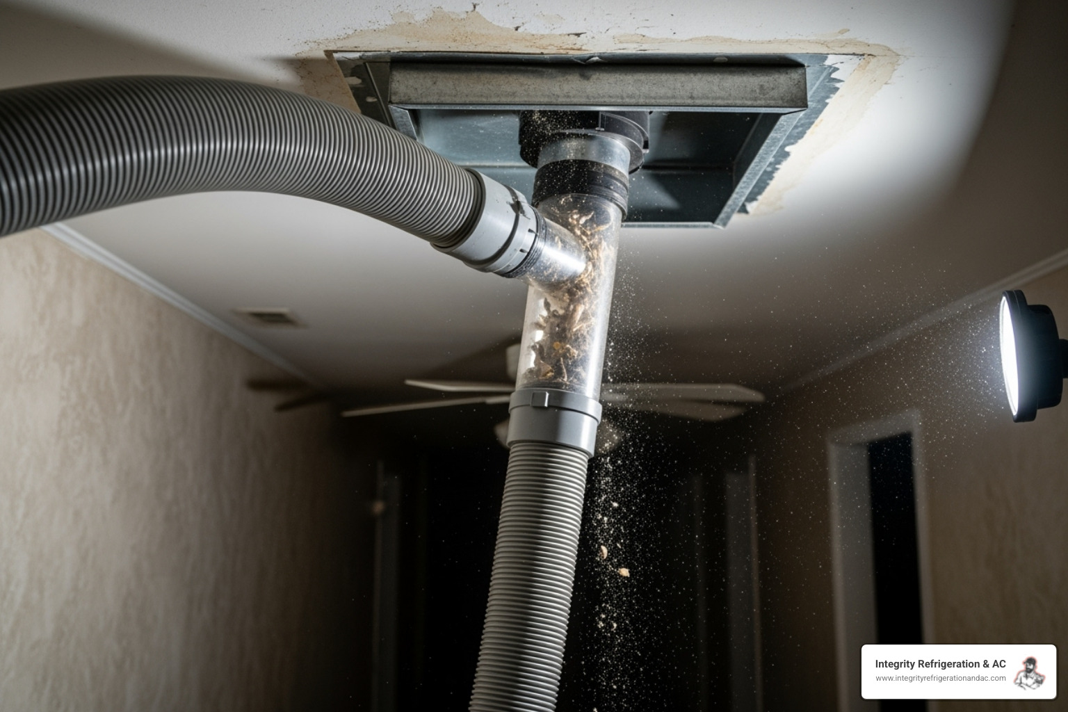 technician using a high-powered vacuum hose on a home's duct system - Post construction duct cleaning