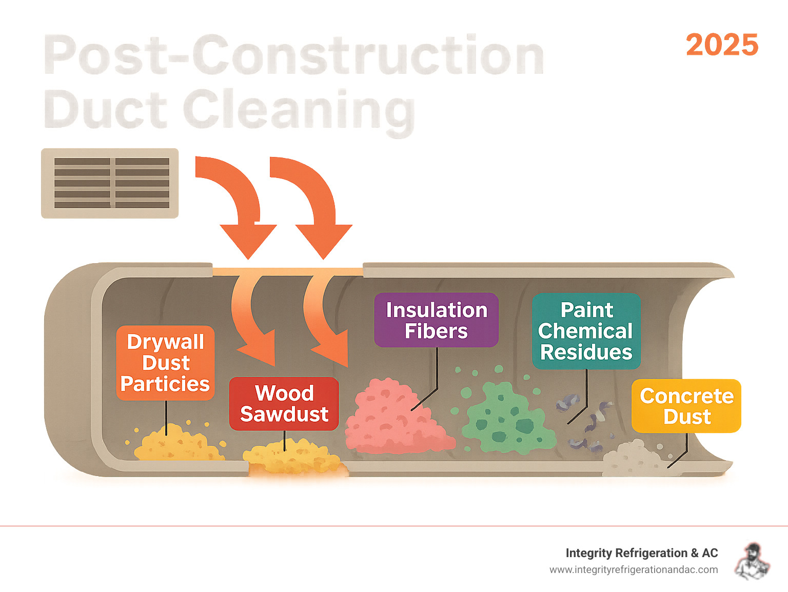 Infographic showing cross-section of air ducts with different types of construction debris labeled: drywall dust particles, wood sawdust, insulation fibers, paint chemical residues, metal shavings, and concrete dust, with arrows showing how debris enters through vents and accumulates in ductwork - Post construction duct cleaning infographic 