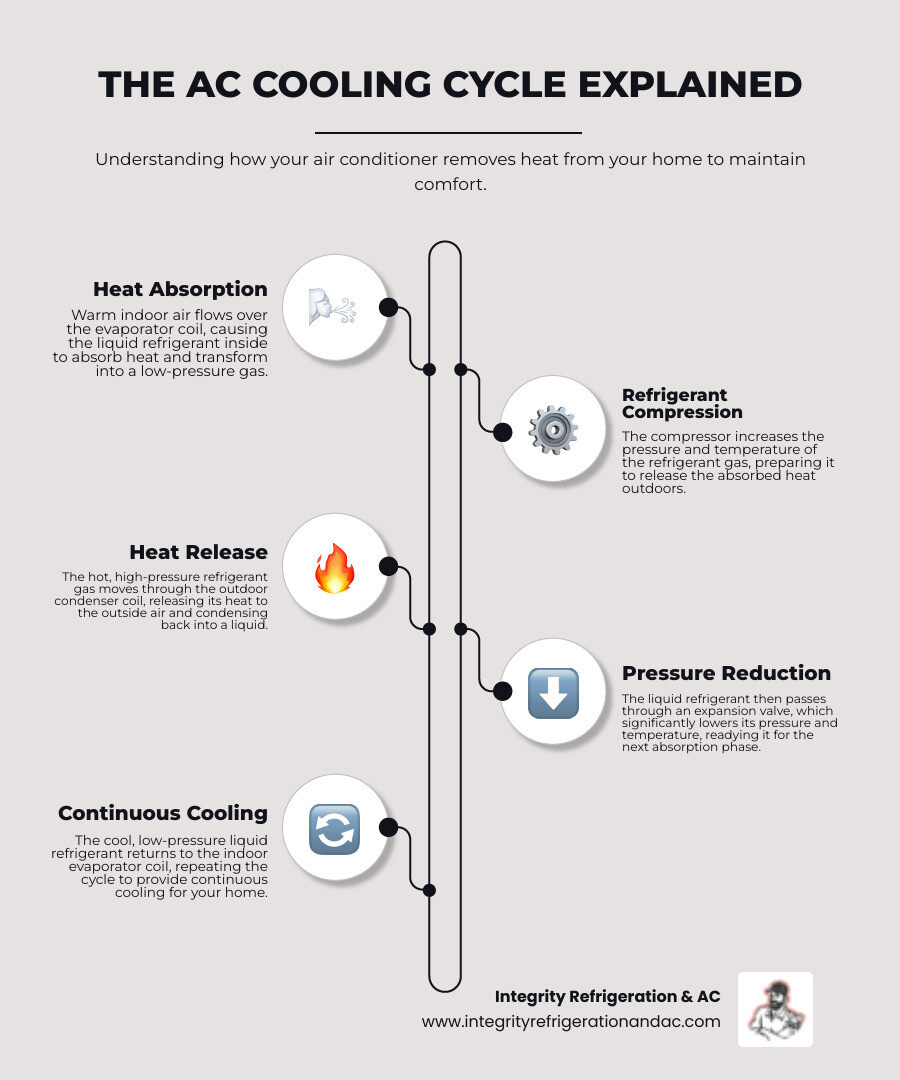 Infographic showing the air conditioning cooling cycle with indoor evaporator coil absorbing heat, refrigerant lines carrying heat outside, outdoor condenser coil releasing heat, and compressor circulating refrigerant through the system - AC not cooling issues infographic infographic-line-5-steps-neat_beige