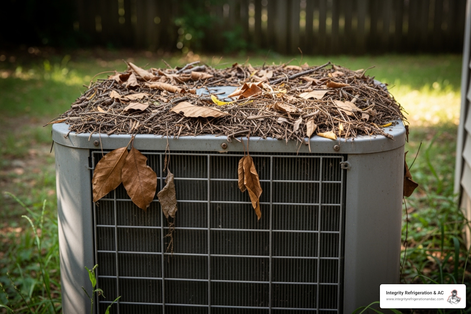 dirty outdoor condenser unit with leaves and debris - AC not cooling issues