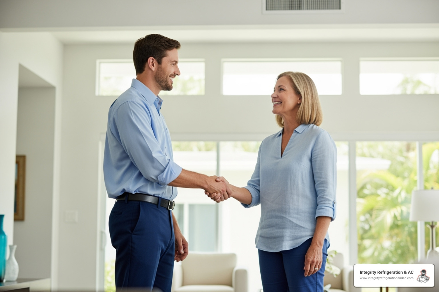 Homeowner shaking hands with a friendly technician - heating and cooling Davenport