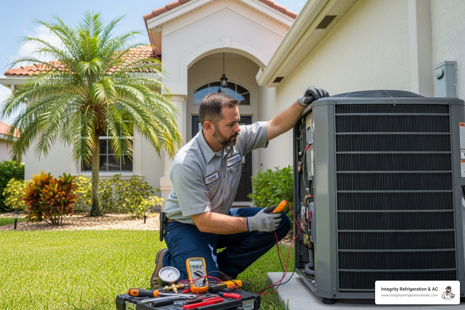 Technician servicing an outdoor AC unit - heating and cooling Davenport