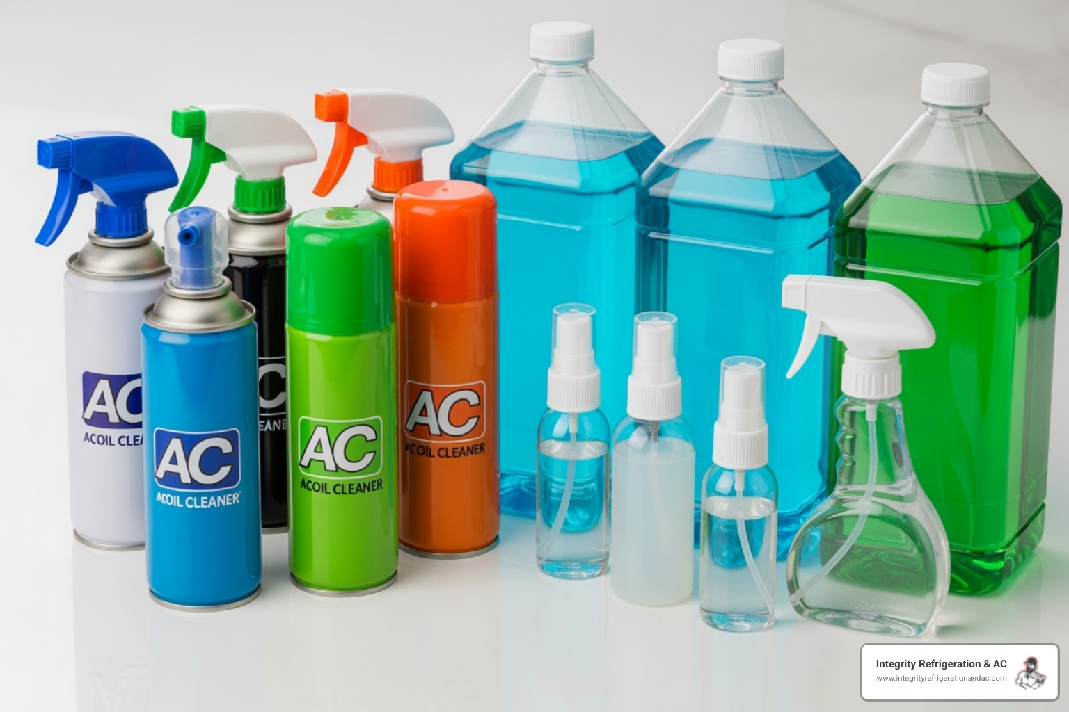 Various types of AC coil cleaner bottles and cans - AC coil cleaning