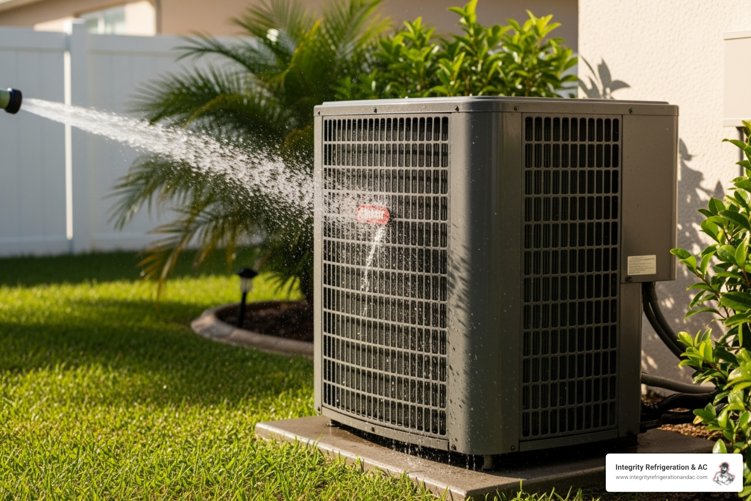 Person safely spraying an outdoor condenser unit - AC coil cleaning
