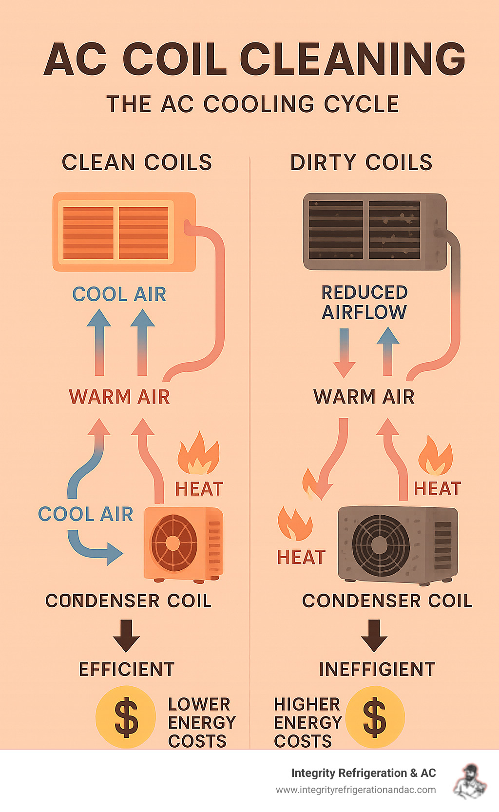 Detailed infographic showing the AC cooling cycle with clean versus dirty coils, including airflow patterns, heat exchange process, and efficiency comparison with energy cost impacts - AC coil cleaning infographic 