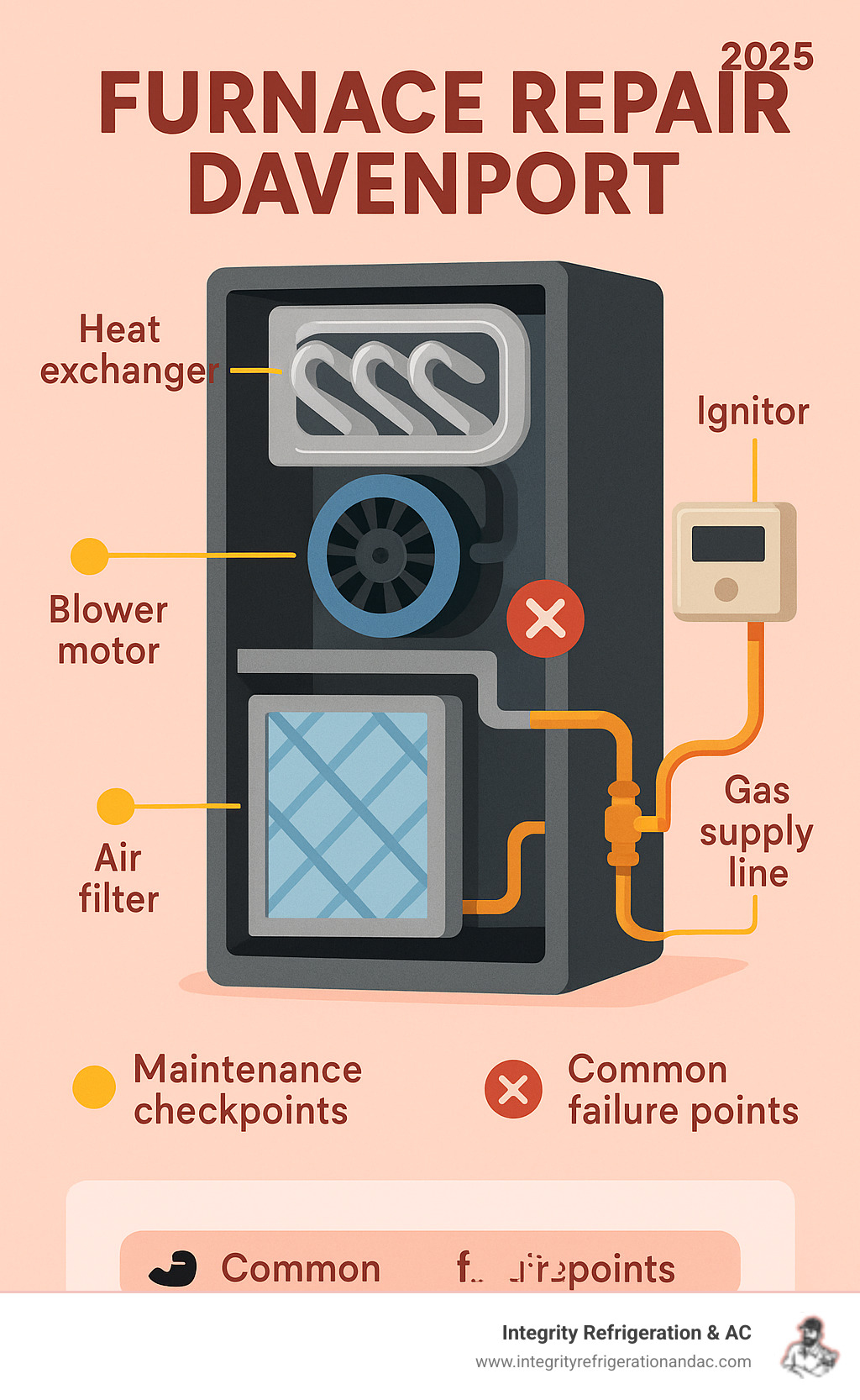 Infographic showing furnace components including heat exchanger, blower motor, ignitor, air filter, thermostat connection, and gas supply line with maintenance checkpoints and common failure points - furnace repair davenport infographic 
