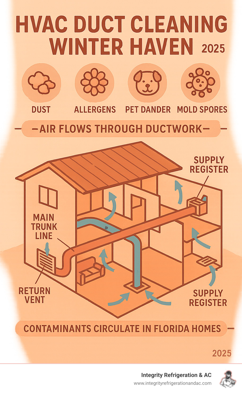 Infographic showing how dust, allergens, pet dander, and mold spores circulate through home ductwork system, highlighting problem areas like return vents, main trunk lines, and supply registers in a typical Florida home layout - hvac duct cleaning winter haven infographic 
