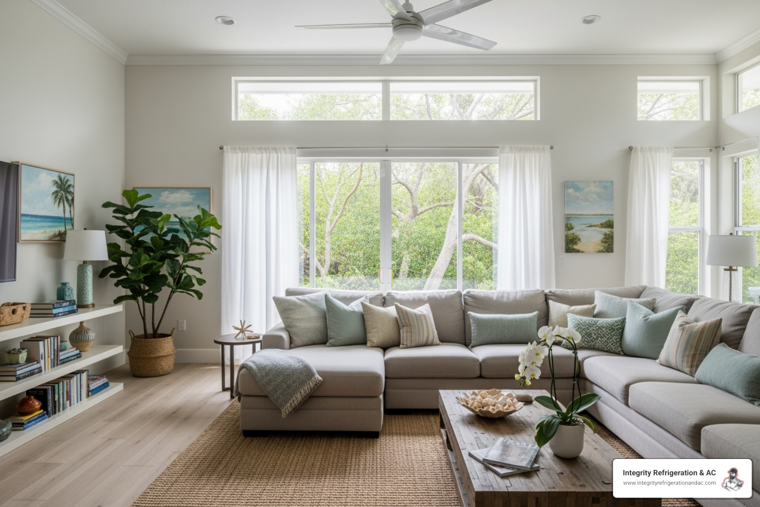 Family relaxing comfortably on a couch in a well-ventilated home - Air duct cleaning Polk