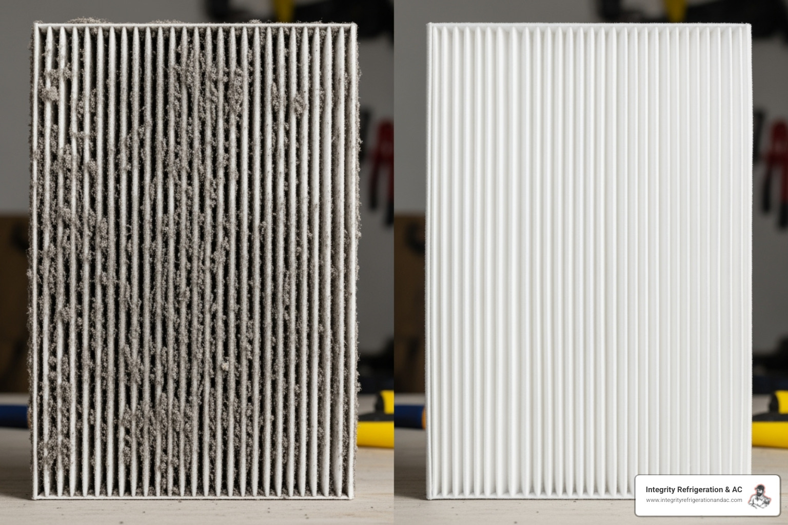 Dirty, dusty air filter next to a clean, new air filter - Air duct cleaning Polk