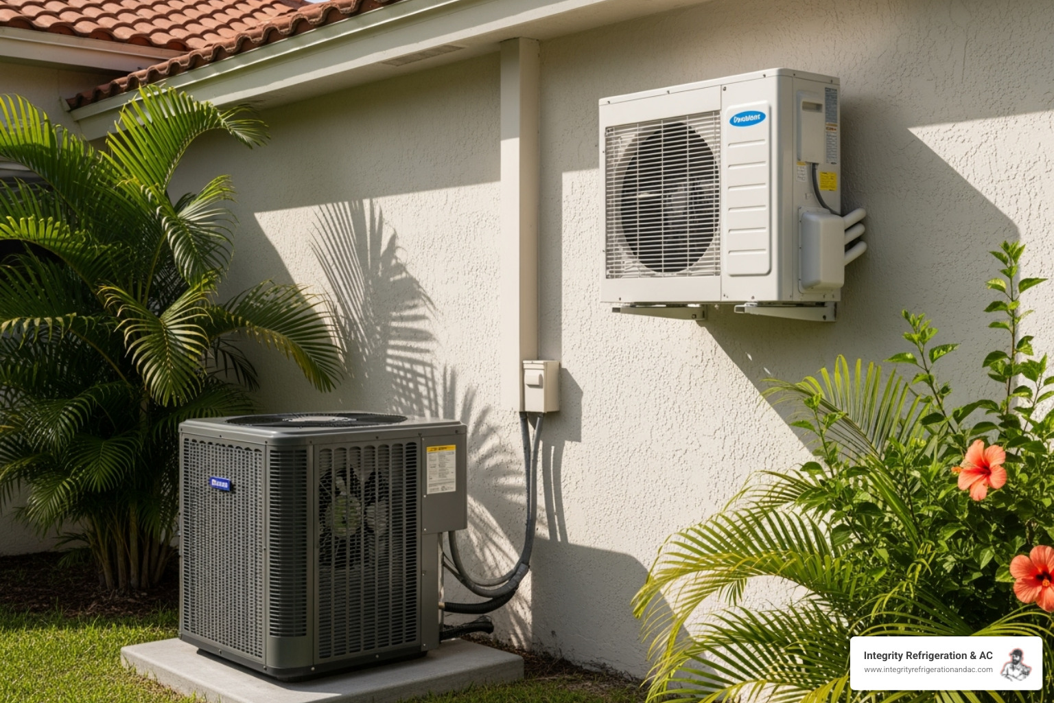 A modern, high-efficiency central AC unit and a sleek ductless mini-split unit side-by-side - ac installation lakeland