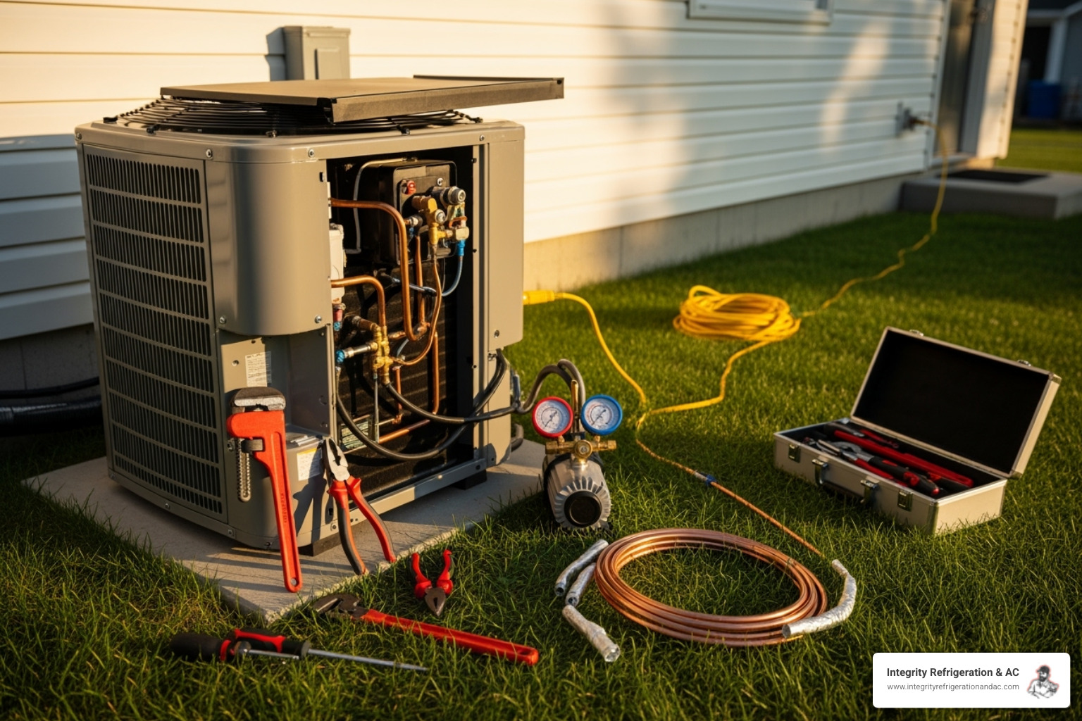 A certified technician professionally installing an outdoor condenser unit for a residential home - ac installation lakeland